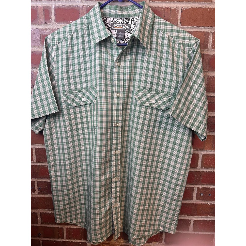 Men's URBAN PIPELINE Large Green Plaid Short Sleeve Button Up Shirt